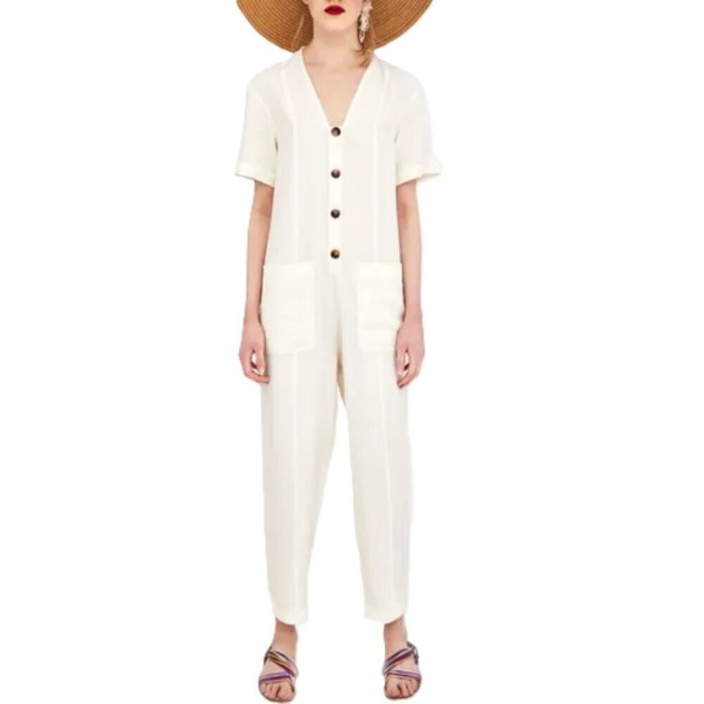 Zara off white buttoned down light comfy jumpsuit utility suit, NWOT